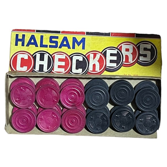 Vintage Halsam Embossed Wood Checkers 24 Pieces Original Box Set # 145H Complete - Picture 3 of 4
